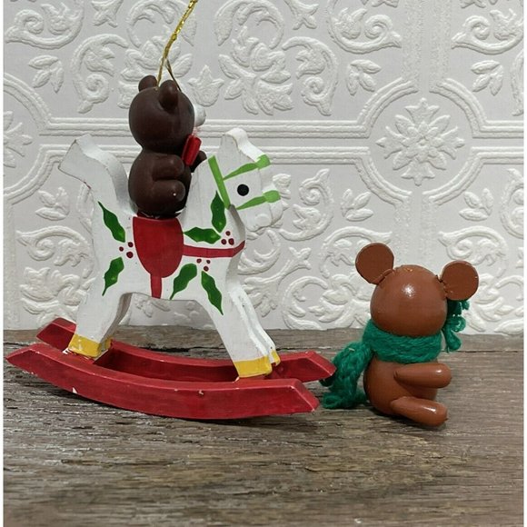 Set Of 2 Teddy Bear Ornaments - Brown Wooden Wood Miniature Ornament - Picture 3 of 10